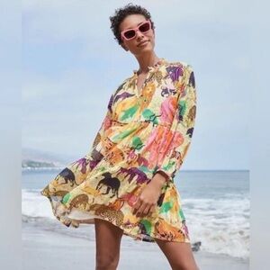 J.Crew Tiered Popover in Natural Yellow Pink Ratti Safari Print Dress Size XS